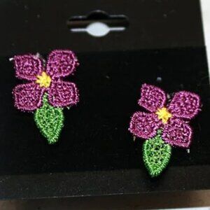 HAND CRAFTED Earrings Violet Floral Embroidered Spring Easter Pierced Purple Set